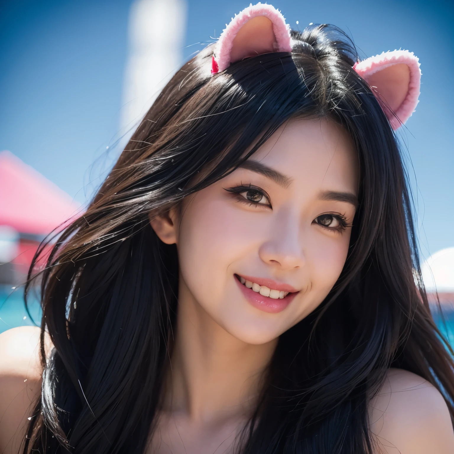 black hair, hair bobbles, wince, longeyelashes, solid circle eyes, fake animal ears, light smile, ear blush, fang, ccurate, drop shadow, anaglyph, stereogram, tachi-e, pov, atmospheric perspective, 8k, super detail, best quality