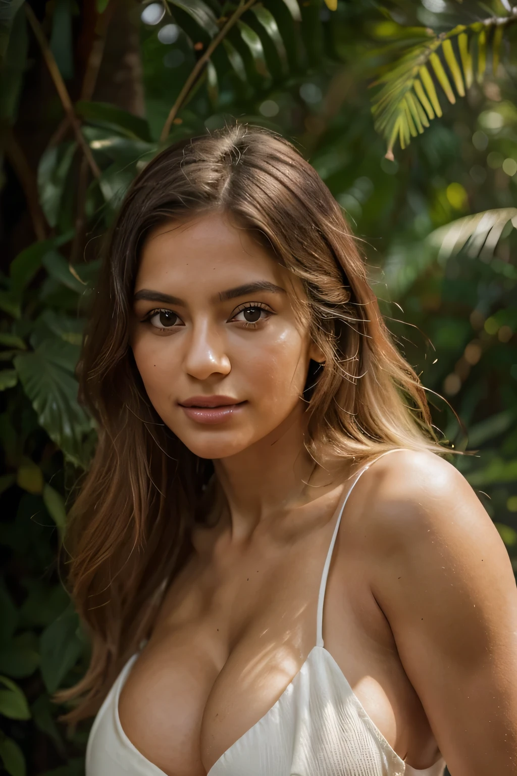 Photography of a single, short, 29-year-old brazilian woman with hazelnut eyes and expressive gaze and a long dark-blonde balayage hairstyle, (symmetrical, big, busty:1.37) chest, hour-glass body shape, fit and athletic physique, warm tan complexion, thin face, symmetrical eyes, high cheekbones, large expressive eyes, long dark lashes, refined straight nose, full pink lips, soft inviting smile, perfect white teeth, elegant, sophisticated, radiant, instagram model wearing dark-orange maxi (dress:1.28) inspired by nature, accessorized with wooden accessories, natural jewelry, set against a lush tropical forest near são paulo setting at afternoon, captured using a nikon z7 ii, low angles to integrate with nature, wide shots of the forest, by photographer carla barbosa, with a natural elegance mood and soft, diffused sunlight through foliage lighting, in a tranquil and serene ambiance. photo specifications: detailed shots of textures and colors