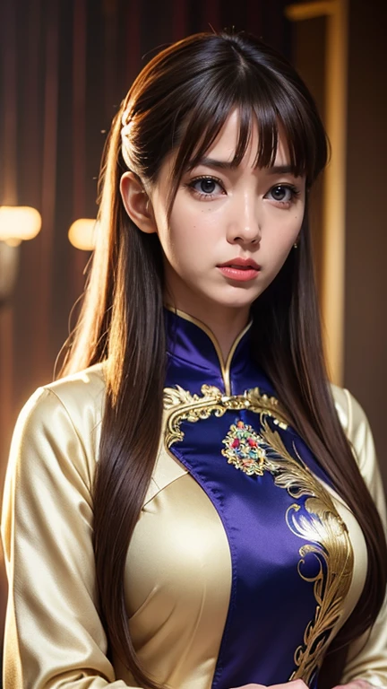 One Girl, Highest quality、masterpiece、Ultra-high resolution、(Cowboy Shot),(Realistic), (Ultra-realistic), (Ultra-high resolution), (Ultra-high resolution), (One Girl), ((Ultra-Realistic Details)),(Realistic:1.4)Beautiful Face, Cute face, 、RAW Photos, Highest quality,masterpiece,Highest quality,Ultra-high resolution),Best Images, (8K, RAW Photos, Realistic), A neat and beautiful Japanese woman, Rainbow light brown straight hair, big, Sparkling blue eyes, Long eyelashes, double eyelid, Half-open crimson alluring moist big thick lips, Large Breasts, Side bust, Down , Abdominal muscles, thin, Perfect proportions, whole body, Black ao dai with gold embroidery, Blurred background red