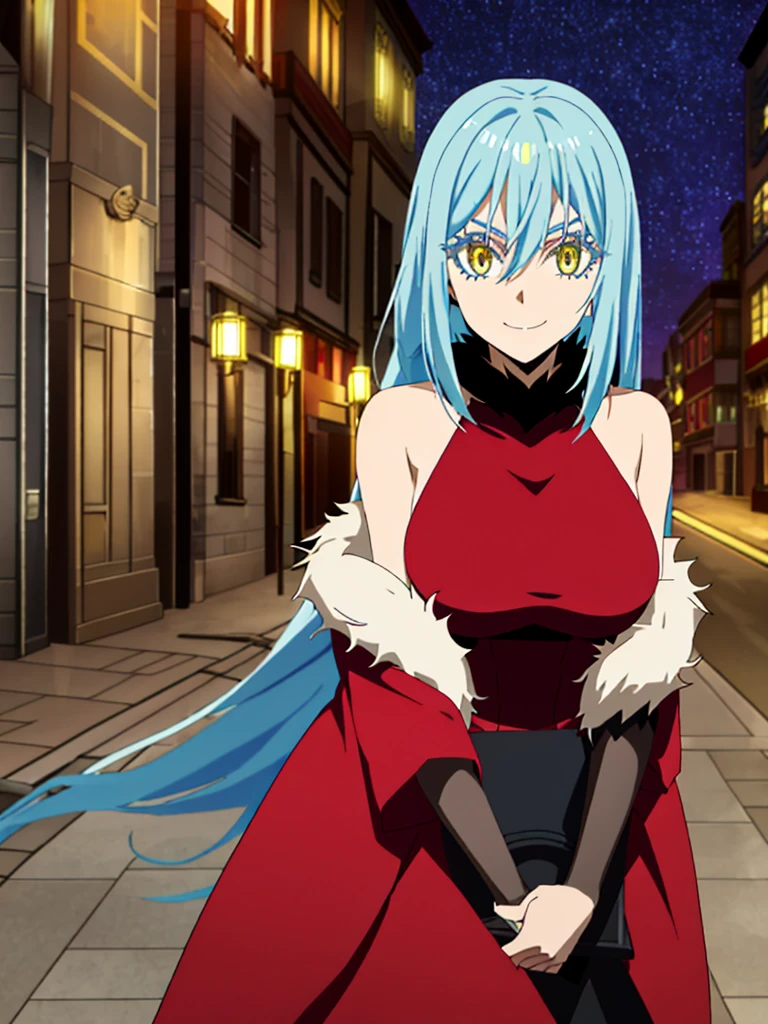 Large breasts, red eyeshadow, tensura, off shoulder gown, satin gown, Yellow eyes, Blue hair, Smile, Long hair, 1other, Hair between the eyes, looking to viewer, bangs, solo, fur-trim, closed mouth, androgynous, at street, colored eyelashes, Shiny hair, ((Masterpiece))