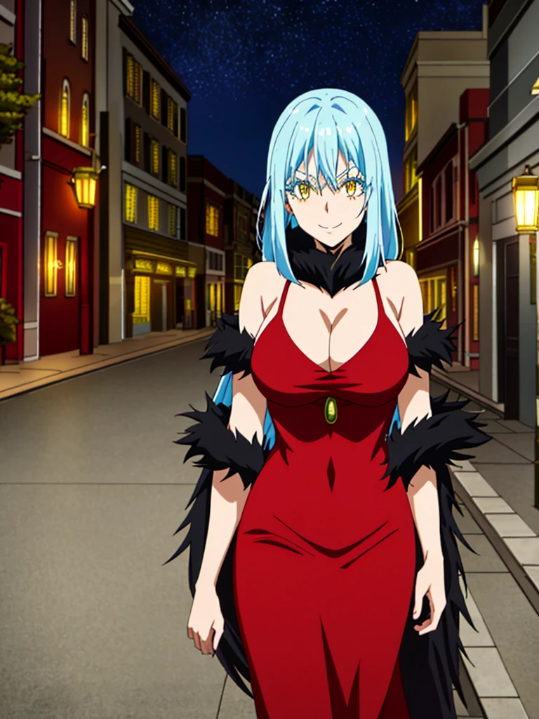 Large breasts, red eyeshadow, tensura, off shoulder gown, satin gown, Yellow eyes, Blue hair, Smile, Long hair, 1other, Hair between the eyes, looking to viewer, bangs, solo, fur-trim, closed mouth, androgynous, at street, colored eyelashes, Shiny hair, ((Masterpiece))