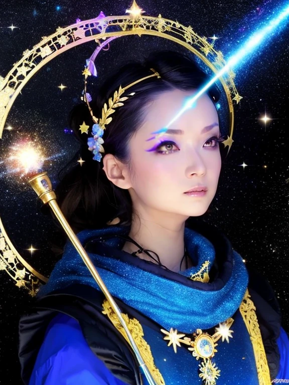 1 Girl, solo, (astrologer), (Circlet),Blue Costume, Cane, magic,
mysterious, Fantasy, grace, Calm, Silence, intellectual, ancient, Beyond time and space, dream, aura,
Dark eyeshadow, Star shaped glitter, Sparkling Highlights, Rich Lip Color, Smokey Eye, mysteriousなアイライナー, 
universe space, shooting star, planet,
astrologerがmagicのCaneを使って星を指し示している,
Sparkling meteor shower, magicの光, Reflecting Galaxy