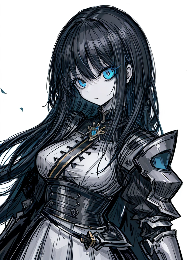 1girl, pale skin, blue eyes, black hair, swordswoman, white dress, nice clothes, (high resolution, high detail, best quality), 
black background, calm, sword