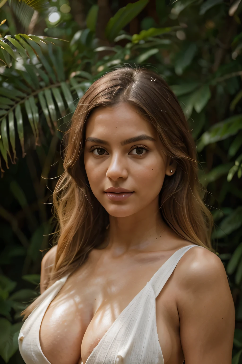 Photography of a single, short, 29-year-old brazilian woman with hazelnut eyes and expressive gaze and a long dark-blonde balayage hairstyle, (symmetrical, big, busty:1.37) chest, hour-glass body shape, fit and athletic physique, warm tan complexion, thin face, symmetrical eyes, high cheekbones, large expressive eyes, long dark lashes, refined straight nose, full pink lips, soft inviting smile, perfect white teeth, elegant, sophisticated, radiant, instagram model wearing terracotta maxi (dress:1.28) inspired by nature, accessorized with wooden accessories, natural jewelry, set against a lush tropical forest near são paulo setting at afternoon, captured using a nikon z7 ii at 85mm, mid-range lens distance, low angles to integrate with nature, close-ups of flora and fauna, wide shots of the forest, by photographer carla barbosa, with a natural elegance mood and soft, diffused sunlight through foliage lighting, in a tranquil and serene ambiance. photo specifications: detailed shots of textures and colors