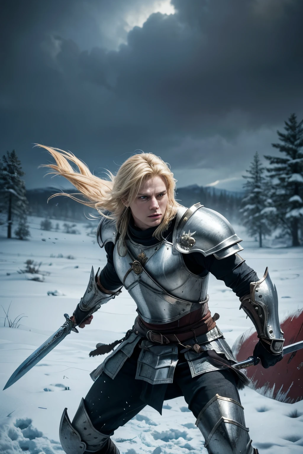 A champion of RPG, imposing image , realistic illustration, heroi, armor warrior in snowy environment, 4K, High definition details, blonde hair in the wind, big sword in hand, High definition of armor and weapons