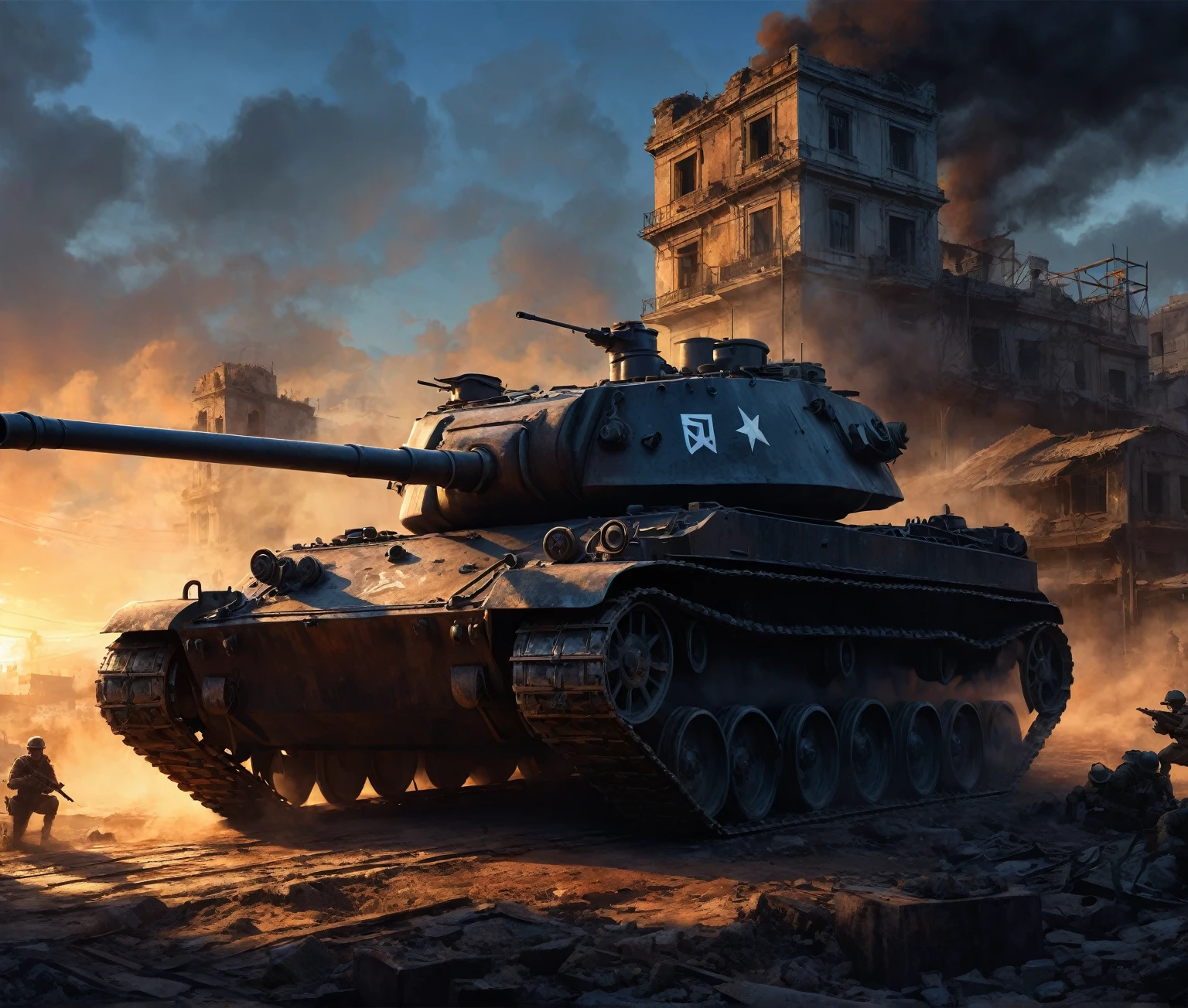 (A tank among city buildings,Saying goodbye,Background is the ruins of the city,Under the sunset:1.5)painting masterpiece, Extremely detailed, Black White Dark Steel Dark Blue Black Light Brown Dark Brown White Light Orange Dark Red Dark Green, Dramatic Lighting, evening, High contrast, steam, FOG, Israeli soldiers fighting with tanks on the battlefield, Movie Lighting, Aspect ratio of 16:9, steam, 4K, professional ominous Concept Art, author:artgerm and greg rutkowski, complex, elegant, Highly detailed digital painting, Concept Art, Smooth, Clear focus, illustration, Simon Starenhagen's style, Wayne Barlow, 和 igor kieryluk., Acrylic painting, Popular in pixiv Fan Box, Palette knife and brush strokes, Makoto Shinkai's styleJamie WiseJames GirardEdward HopperGreg RutkowskiStudio GhibliGenshin Impact