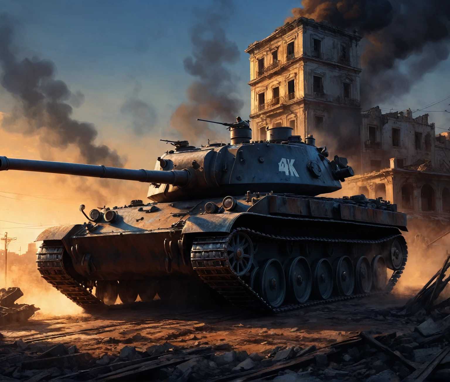 (A tank among city buildings,Saying goodbye,Background is the ruins of the city,Under the sunset:1.5)painting masterpiece, Extremely detailed, Black White Dark Steel Dark Blue Black Light Brown Dark Brown White Light Orange Dark Red Dark Green, Dramatic Lighting, evening, High contrast, steam, FOG, Israeli soldiers fighting with tanks on the battlefield, Movie Lighting, Aspect ratio of 16:9, steam, 4K, professional ominous Concept Art, author:artgerm and greg rutkowski, complex, elegant, Highly detailed digital painting, Concept Art, Smooth, Clear focus, illustration, Simon Starenhagen's style, Wayne Barlow, 和 igor kieryluk., Acrylic painting, Popular in pixiv Fan Box, Palette knife and brush strokes, Makoto Shinkai's styleJamie WiseJames GirardEdward HopperGreg RutkowskiStudio GhibliGenshin Impact