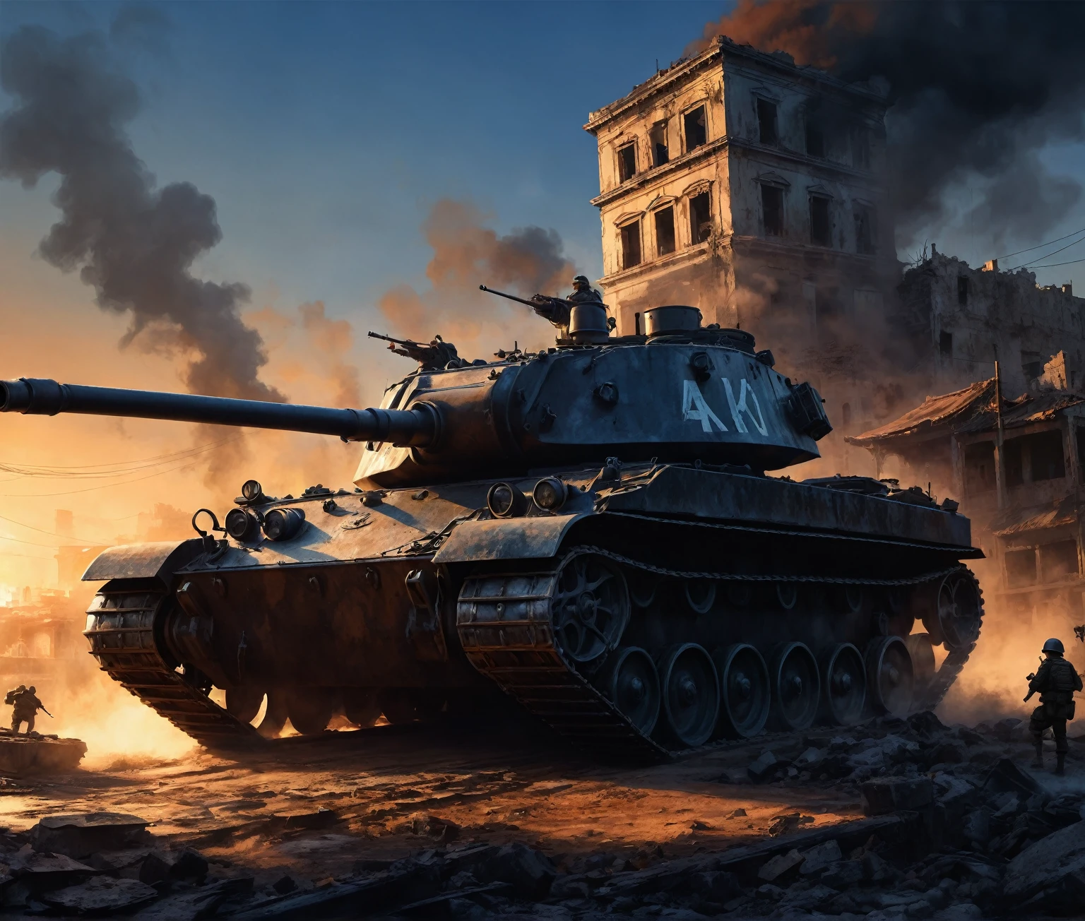 （A tank among city buildings，Saying goodbye，Background is the ruins of the city，Under the sunset：1.5）painting masterpiece, Extremely detailed, Black White Dark Steel Dark Blue Black Light Brown Dark Brown White Light Orange Dark Red Dark Green, Dramatic Lighting, evening, High contrast, steam, FOG, Israeli soldiers fighting with tanks on the battlefield, Movie Lighting, Aspect ratio of 16:9, steam, 4K, professional ominous Concept Art, author：artgerm and greg rutkowski, complex, elegant, Highly detailed digital painting, Concept Art, Smooth, Clear focus, illustration, Simon Starenhagen&#39;s style, Wayne Barlow, 和 igor kieryluk., Acrylic painting, Popular in pixiv Fan Box, Palette knife and brush strokes, Makoto Shinkai&#39;s styleJamie WiseJames GirardEdward HopperGreg RutkowskiStudio GhibliGenshin Impact