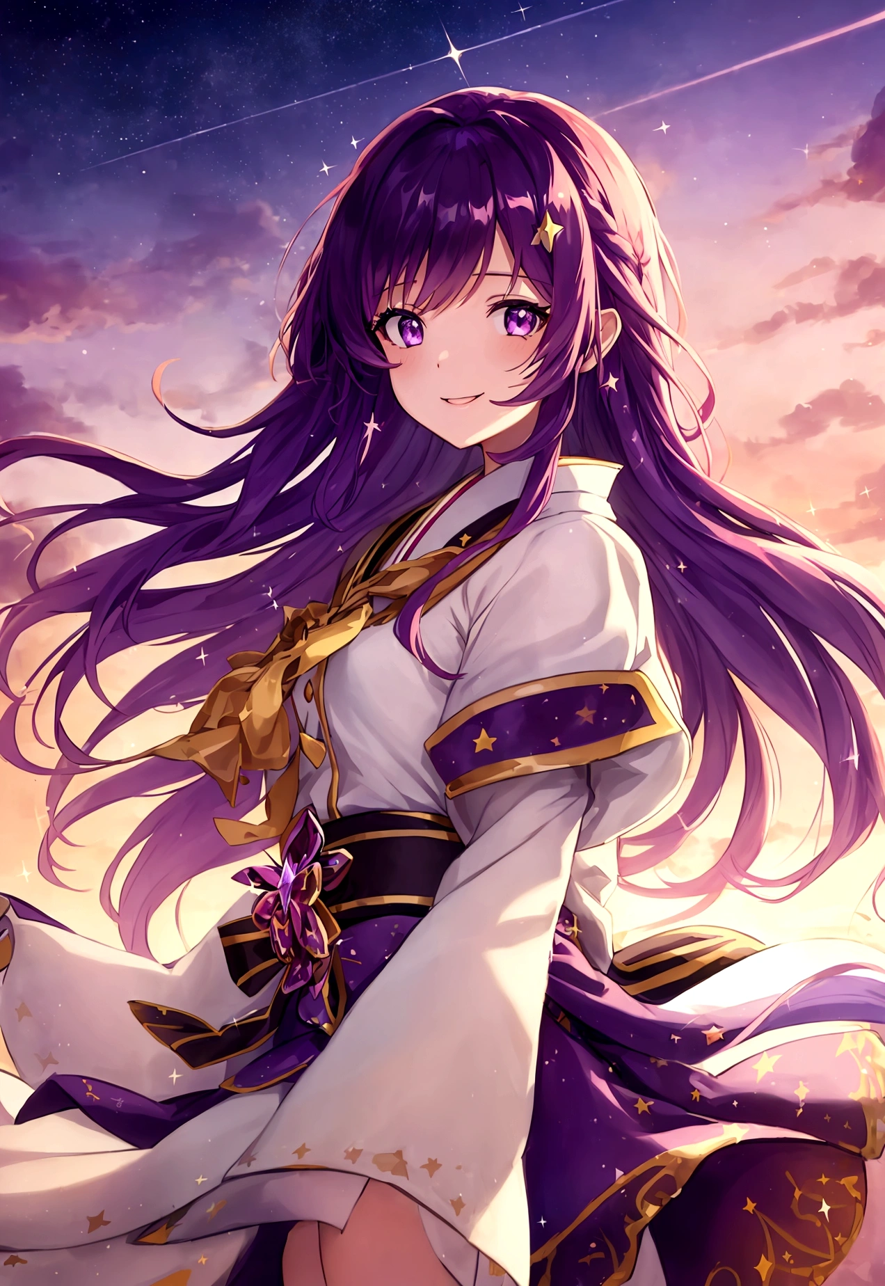 masterpiece, best quality, dynamic fantasy portrait illustration of a Modern Girl in a Japanese school outfit standing on the school roof looking up at the starry sky, Dark long purple hair, purple eyes with orange shading, swaying hair in the wind, Skirt swaying in the wind, shirt lightly swaying with the wind, floating hair, lace trim, warm soft lighting, slight smile, sunset, cloudy sky, (light particles:1.1), volumetric lighting, sparkle, sparkling, star, glittering, expressive, iridescent