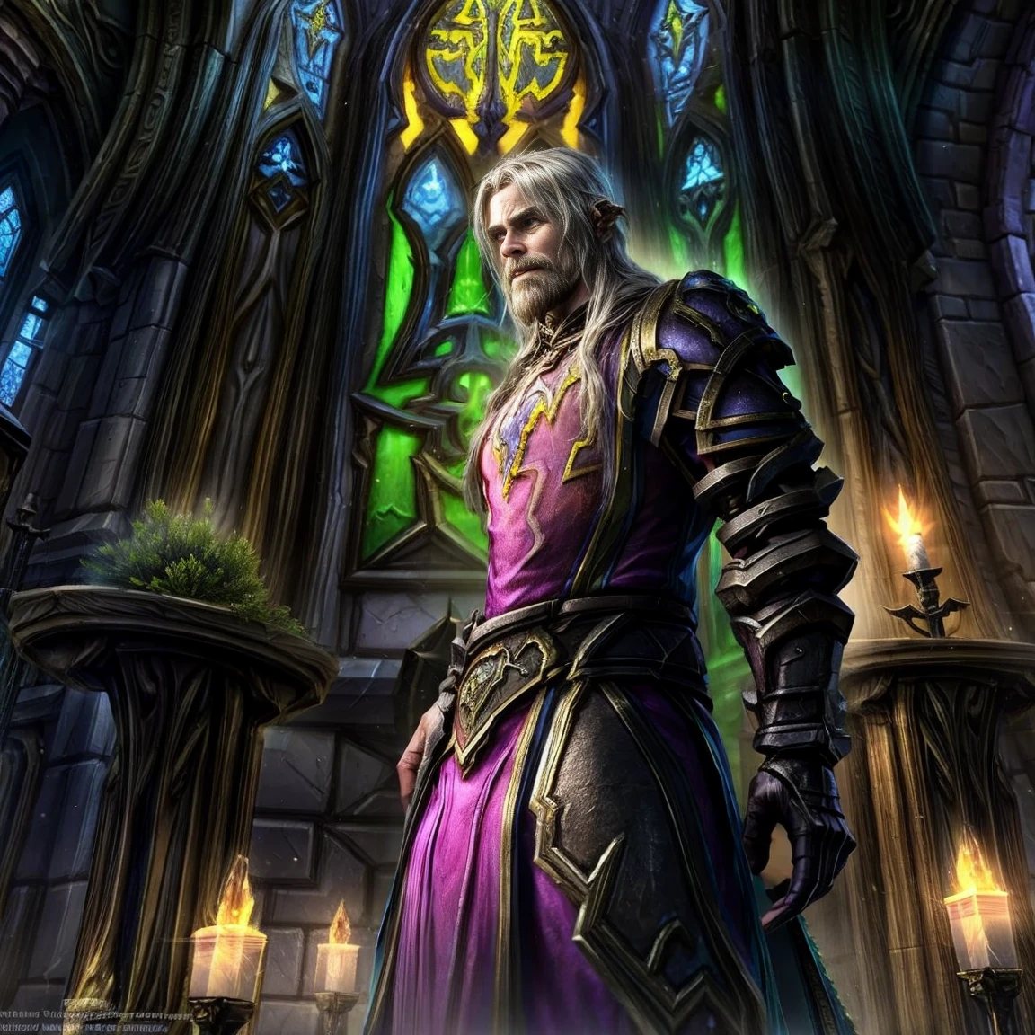 Draego, a medieval knight in shining armor, standing in front of an altar in a large cathedral, dramatic backdrop, high contrast, wide angle lens, vibrant colors, serene, detailed intricate armor, flowing cape, determined facial expression, sunlight streaming through stained glass windows, ornate altar with candles, dramatic shadows, cinematic composition, photorealistic, 8k, hyper detailed, masterpiece, (((World of warcraft stormwind:1.2)))
