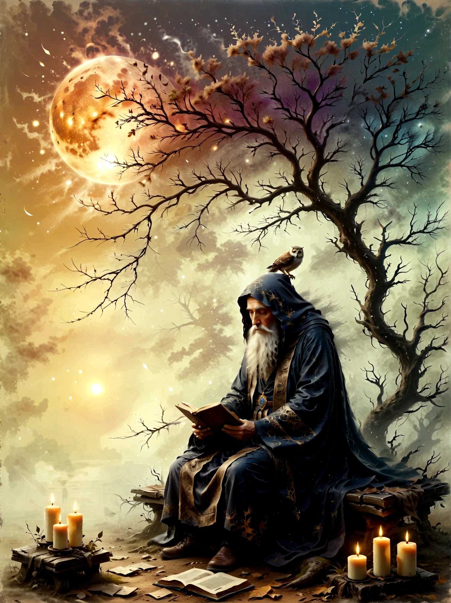 Astrologer Old Man,Personifying the abstract concept of wisdom,Depicting an old oak tree with deep roots and leaves,Represents the depth and breadth of knowledge,An old Caucasian astrologer in a robe is sitting on a rustic wooden bench next to him,Perform divination actions quietly,An old leather-bound book of horoscopes,Symbols of wisdom are scattered around,Such as an owl sitting on a tattoo branch and a group of glowing candles,Cast soft shadows,The setting sun in the background symbolizes the passage of time,This is an important aspect of gaining wisdom.