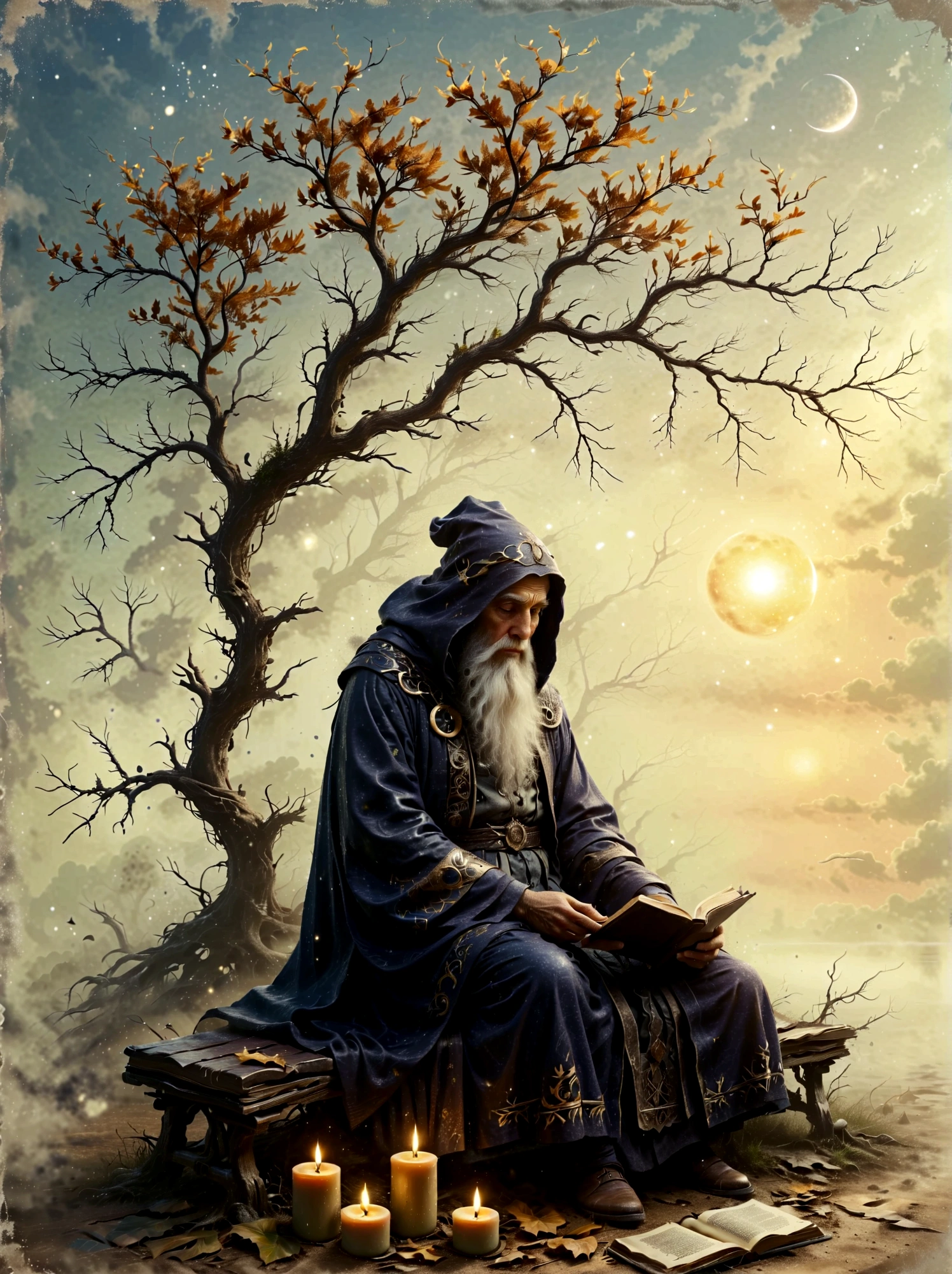 Astrologer Old Man，Personifying the abstract concept of wisdom，Depicting an old oak tree with deep roots and leaves，Represents the depth and breadth of knowledge，An old Caucasian astrologer in a robe is sitting on a rustic wooden bench next to him，Perform divination actions quietly，An old leather-bound book of horoscopes，Symbols of wisdom are scattered around，Such as an owl sitting on a tattoo branch and a group of glowing candles，Cast soft shadows，The setting sun in the background symbolizes the passage of time，This is an important aspect of gaining wisdom.