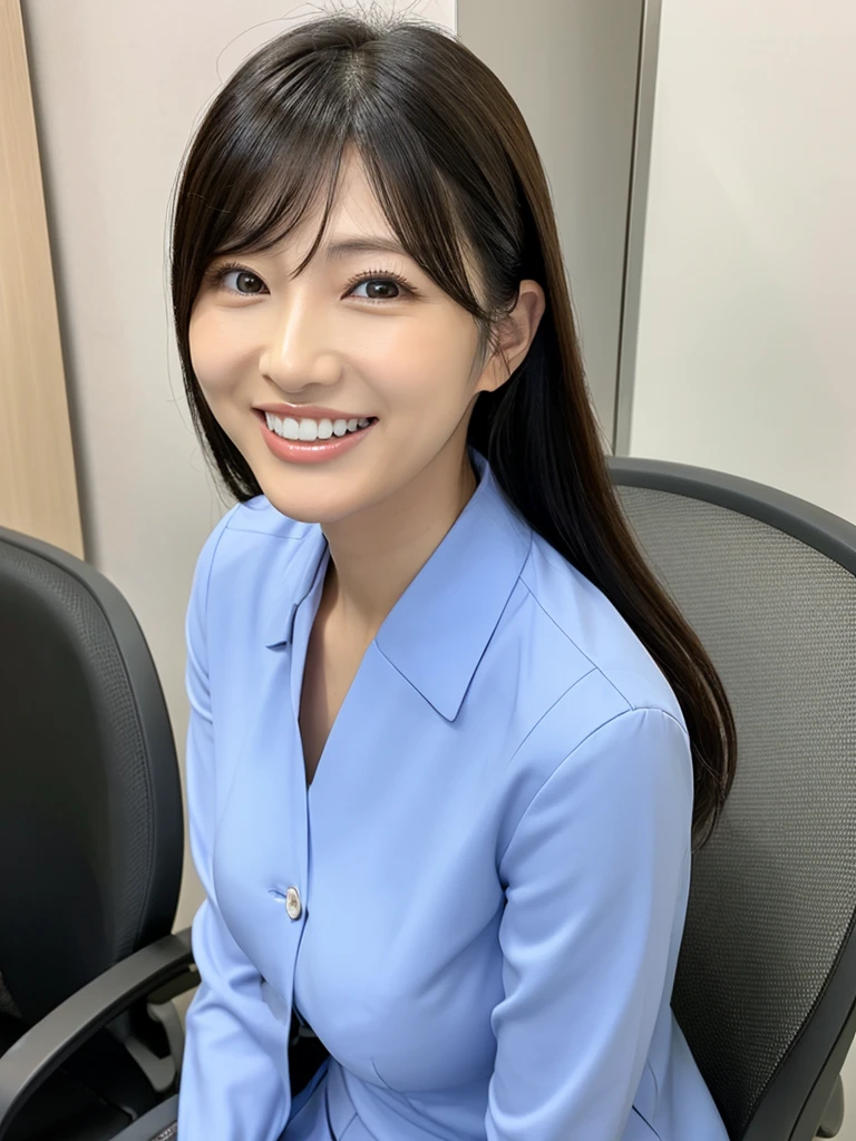 A Japanese milf, photo of one lady, Slender figure, Realistic teeth, double eyelids, smile, full-length, at the office