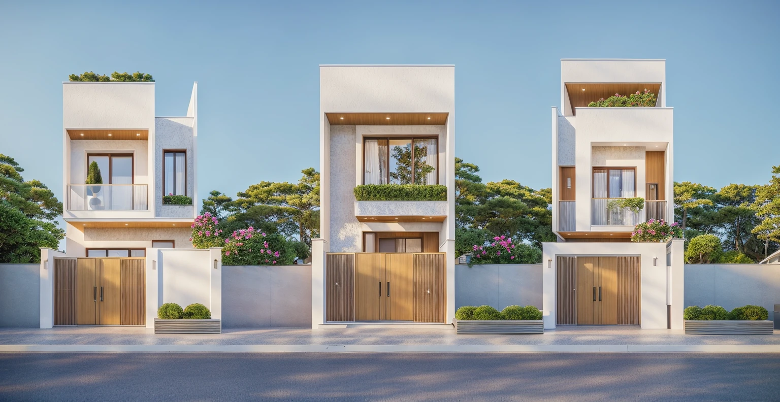 PLATEFORME KTHOUSE, Beaucoup de belles fleurs rouges le long de la route:1.3, Romantique, 1 maison de style néoclassique, La maison de ville est faite de murs blancs, Belle lumière, journée de beauté, ensoleillé, Beaucoup de bougainvilliers rouges le long de la route:1.3, belle sensation de jeunesse :1.2, soleil à midi, Très belles ombres,