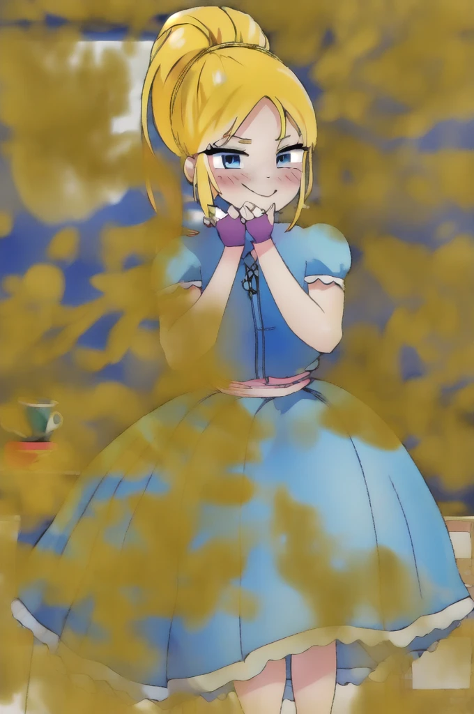 (masterpiece, best quality:1.2), cowboy shot, solo, 1girl, piper, smile, looking at viewer, (hand on own cheek:1.2), blonde hair, ponytail, blue dress, puffy short sleeves, fingerless gloves, kitchen