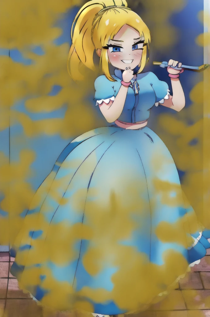 (masterpiece, best quality:1.2), cowboy shot, solo, 1girl, piper, smile, looking at viewer, (hand on own cheek:1.2), blonde hair, ponytail, blue dress, puffy short sleeves, fingerless gloves, kitchen