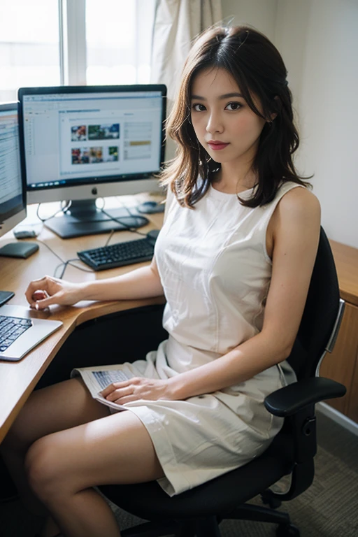One girl sitting on an office chair,computer,(european model - SeaArt AI