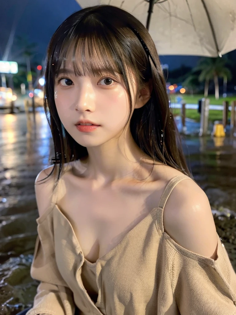 highest quality,RAW Photos , 19 year old Japanese female idol, From above , Face Focus , Face close-up ,
Selfie,Lying on the ground, ((Off-the-shoulder tops , Cold shoulder top , clavicle , Exposing shoulders ,Cleavage ,))short hair, Bowl Cut ,Cute Face ,Edgy,Drooping ,clavicle,Muddy Waters , Overflowing ,Wet ,Selfie, Pale skin,At the Beach, rain,night,