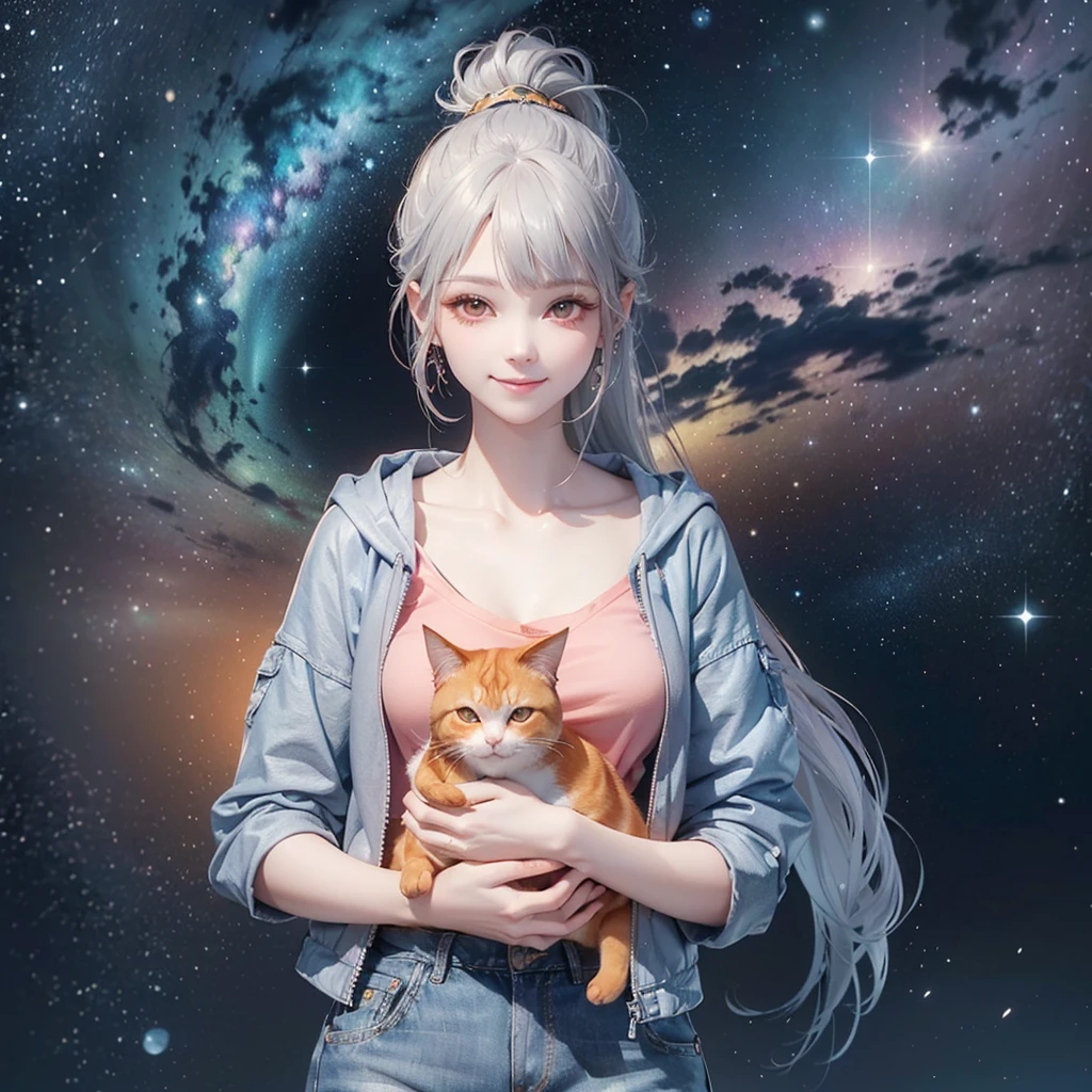 (((Holding a cute orange fat cat with super short legs in both hands,Correct anatomy))),((Highest quality,masterpiece,一位Mature美女,Super thin air parted bangs,Light blue denim gray hooded jacket,Blue gray high ponytail super long straight hair,Double sideburn curly hair,Hair ends curled in,Gray powder clothes,Exposed clavicle,Show earlobes)),((Mature,Smile slightly,Look at the camera head-on)),starry sky galaxy background,Matte denim texture