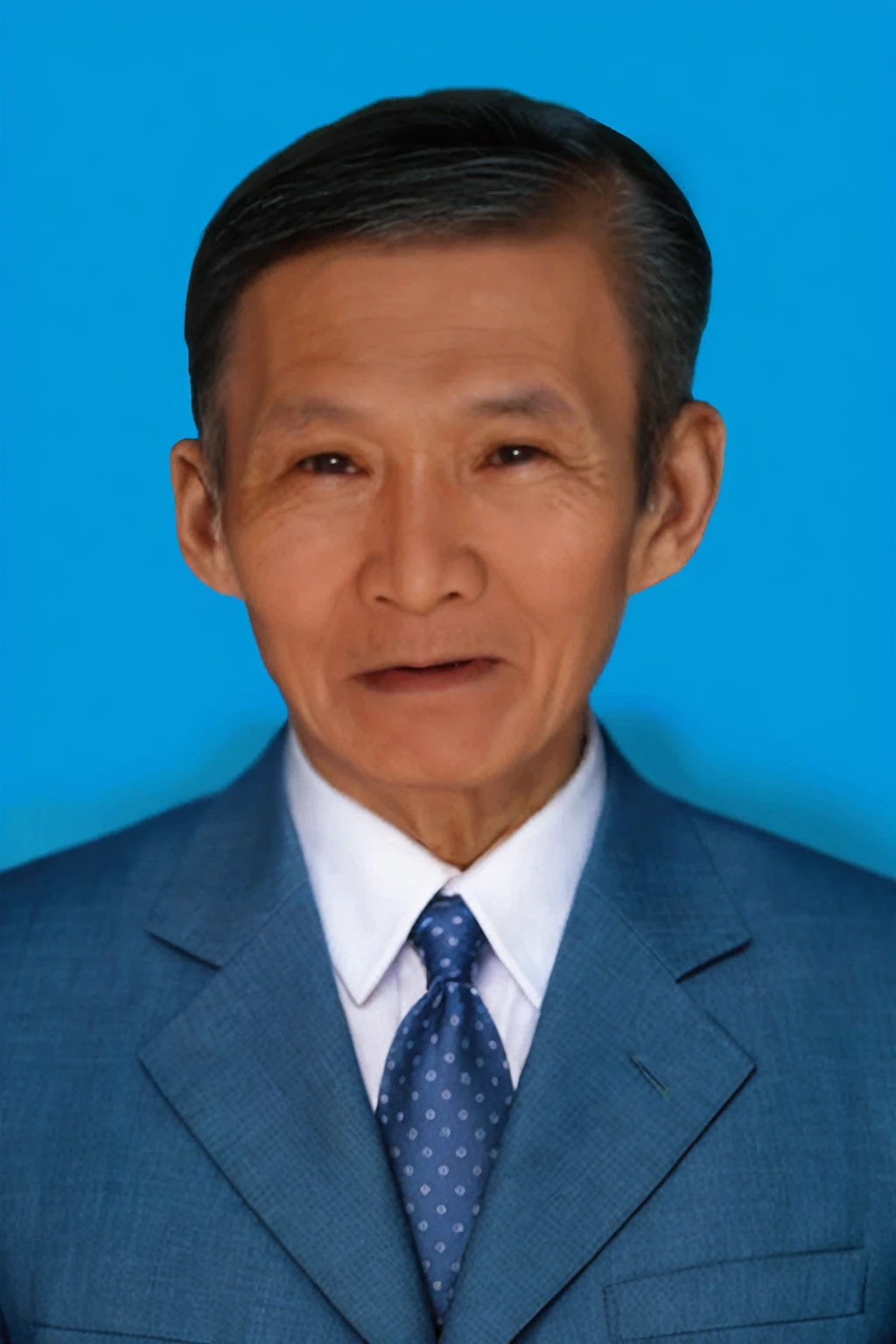 Highly realistic photo, Portrait of a 65 year old Vietnamese old man, blue suit, open mouth, flat hair