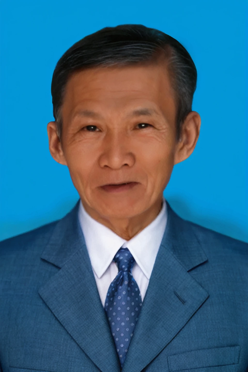 Highly realistic photo, Portrait of a 65 year old Vietnamese old man, blue suit, open mouth, flat hair