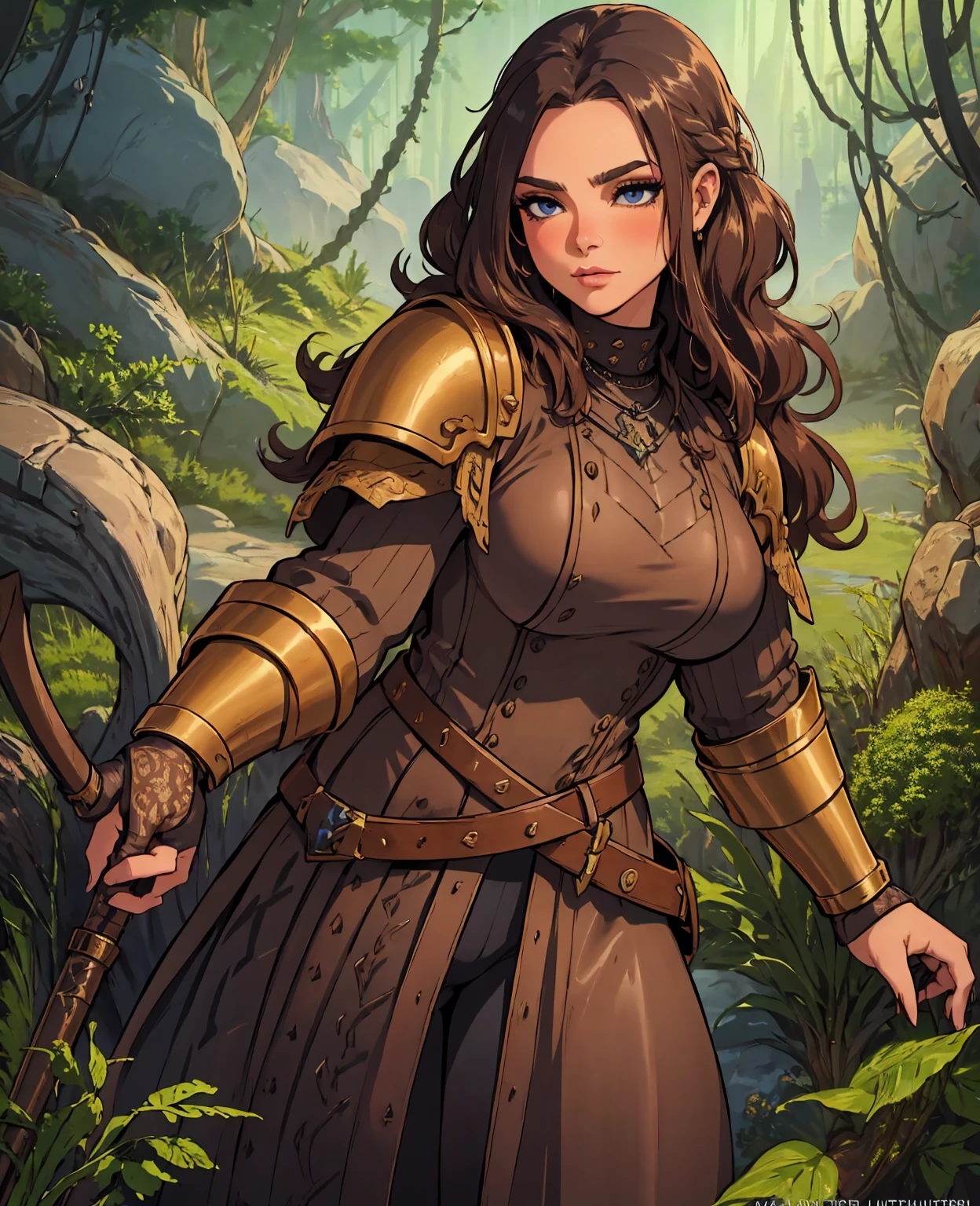 a dwarf woman with a long beard, intricate braided hairstyle, wearing a leather outfit with metal armor, holding a battleaxe, standing in a dark fantasy forest with glowing mushrooms, detailed facial features, realistic, cinematic lighting, muted color palette, dramatic, fantasy art