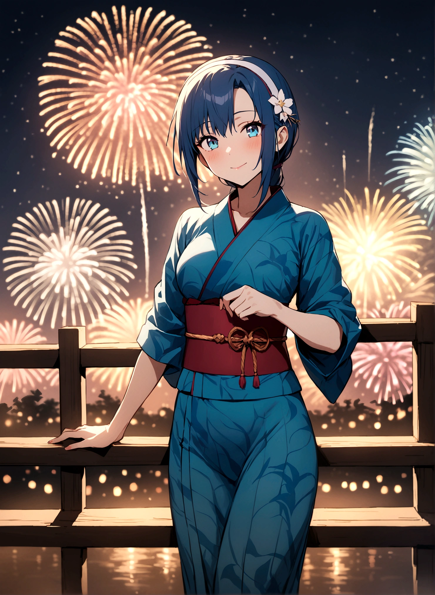 masterpiece, Highest quality, Mari Illustrious, One girl,,Beautiful eyes,Blue Hair,yukata,whole body,Fireworks display
