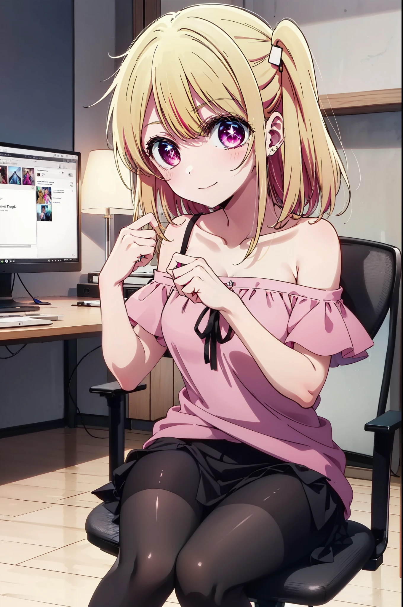 rubyhoshino, Hoshino Ruby, Long Hair, bangs, Blonde, (Pink Eyes:1.3), (Symbol-shaped pupil:1.5), Multicolored Hair, Two-tone hair, happy smile, smile, Close your mouth,
break, Cold Shoulder Shirt,Short sleeve,Long skirt,Black pantyhose,Stiletto heels,There is a computer on the table,sitting cross-legged on a chair,Are standing,interior,whole bodyがイラストに入るように,Daytime,Clear skies,
break indoors, office,
break looking at viewer, whole body,
break (masterpiece:1.2), Highest quality, High resolution, unity 8k wallpaper, (figure:0.8), (Beautiful attention to detail:1.6), Highly detailed face, Perfect lighting, Highly detailed CG, (Perfect hands, Perfect Anatomy),
