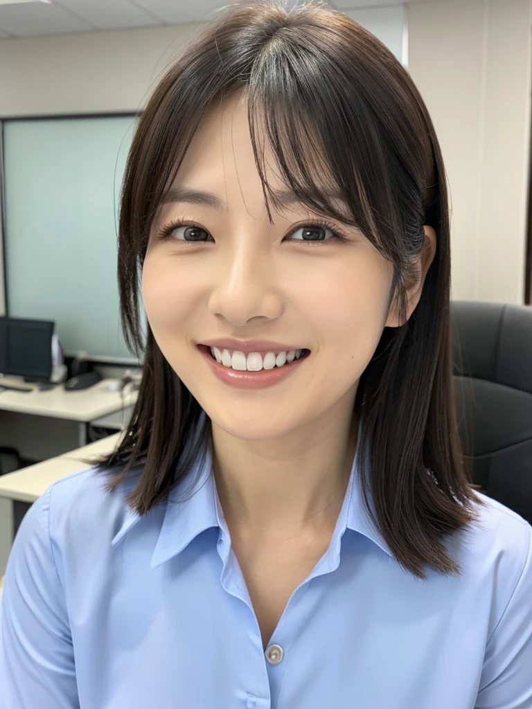 A Japanese milf, photo of one lady, Slender figure, Realistic teeth, double eyelids, smile, full-length, at the office