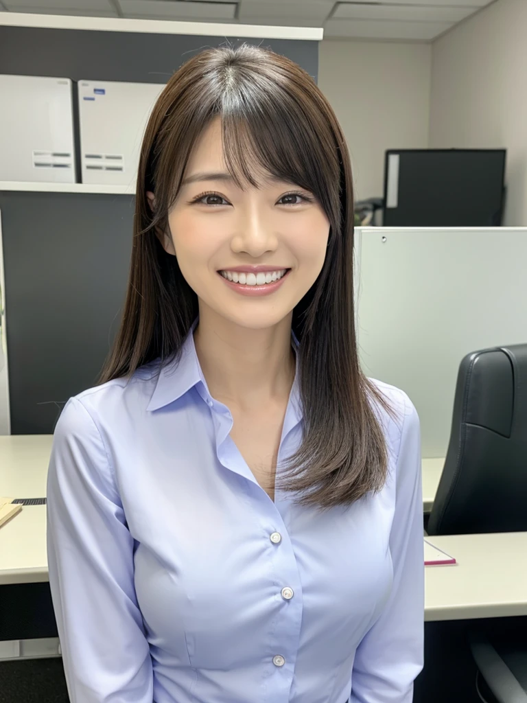 A Japanese milf, photo of one lady, Slender figure, Realistic teeth, double eyelids, smile, full-length, at the office