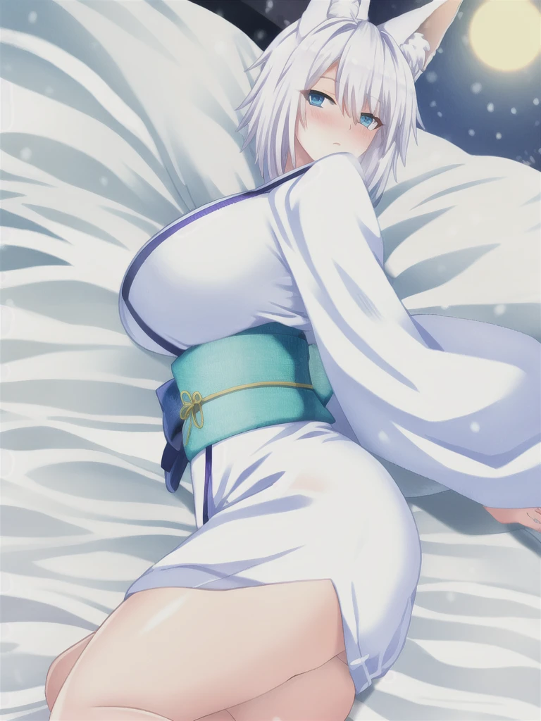 Fox ear, fox tail, white hair, short hair, blue eyes, blush, large breasts, kimono, white kimono, snow, night, bed, bedroom, looking at viewer, 