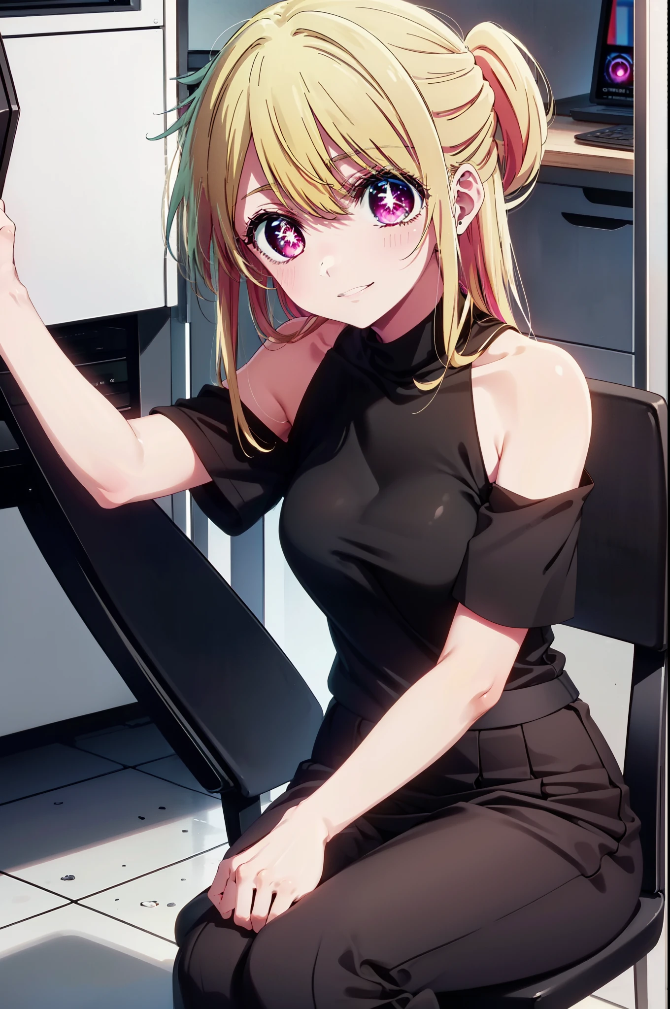 rubyhoshino, Hoshino Ruby, Long Hair, bangs, Blonde, (Pink Eyes:1.3), (Symbol-shaped pupil:1.5), Multicolored Hair, Two-tone hair, happy smile, smile, Close your mouth,
break, Cold Shoulder Shirt,Short sleeve,Long skirt,Black pantyhose,Stiletto heels,There is a computer on the table,sitting cross-legged on a chair,Are standing,interior,whole bodyがイラストに入るように,Daytime,Clear skies,
break indoors, office,
break looking at viewer, whole body,
break (masterpiece:1.2), Highest quality, High resolution, unity 8k wallpaper, (figure:0.8), (Beautiful attention to detail:1.6), Highly detailed face, Perfect lighting, Highly detailed CG, (Perfect hands, Perfect Anatomy),