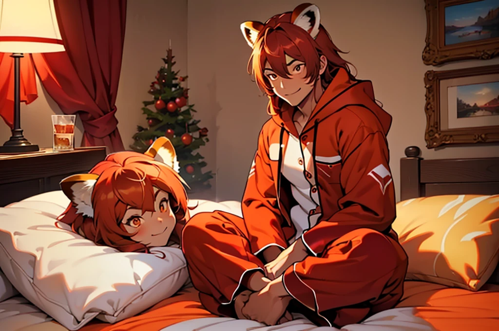 lhado eyes, perfect lighting, broad detail, detailded, deep skin,texturized skin, ,red panda costume,red and red bear costume , long sleeves, hood,,malva , long hair, orange eyes, great smile,on the  bed ,sitting between pillows brown hair, (animal hood, red panda ears. , fake animal ears, texturized skin, High details, high qualiy, best qualityer, work of art, man wearing a red panda costume ((red panda costume style pajamas), room, Stuffed animal, red pajamas