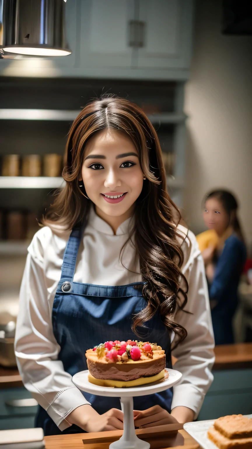 (Masterpiece, best quality, ultra realistic,32k, RAW photo, detail skin, 8k uhd, dslr, high quality, film grain:1.5),1 girl, chef's outfit, long hair, looking at viewer, smile, black hair, black eyes, Girl is making a cake, in the baking area