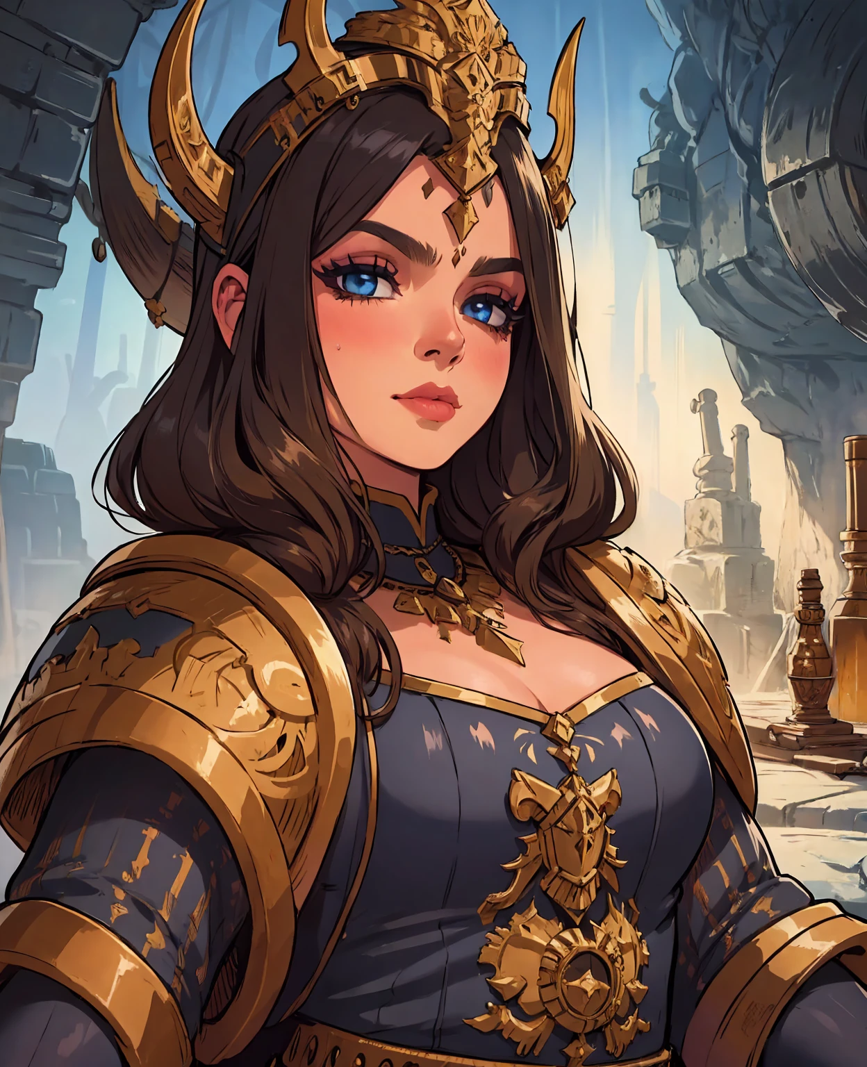 a dwarf female warrior, intricate fantasy armor, detailed facial features, beautiful eyes, detailed nose and lips, ornate helmet with horns, carrying a large battle axe, in a dark fantasy landscape, dramatic lighting, moody atmosphere, cinematic composition, digital art