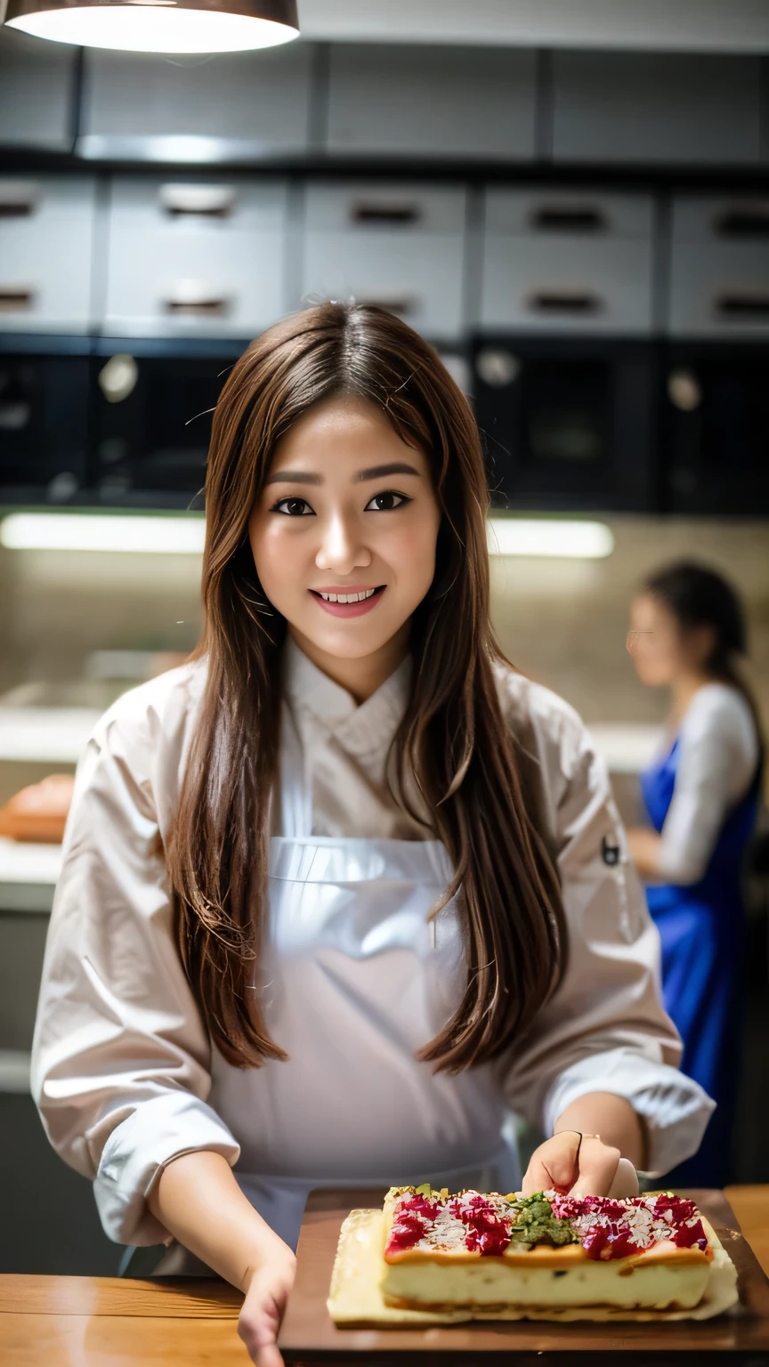 (Masterpiece, best quality, ultra realistic,32k, RAW photo, detail skin, 8k uhd, dslr, high quality, film grain:1.5),1 girl, chef's outfit, long hair, looking at viewer, smile, black hair, black eyes, Girl is making a cake, in the baking area