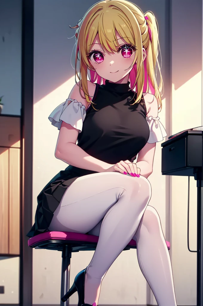 rubyhoshino, Hoshino Ruby, Long Hair, bangs, Blonde, (Pink Eyes:1.3), (Symbol-shaped pupil:1.5), Multicolored Hair, Two-tone hair, happy smile, smile, Close your mouth,
break, Cold Shoulder Shirt,Short sleeve,Long skirt,Black pantyhose,Stiletto heels,There is a computer on the table,sitting cross-legged on a chair,Are standing,interior,whole bodyがイラストに入るように,Daytime,Clear skies,
break indoors, office,
break looking at viewer, whole body,
break (masterpiece:1.2), Highest quality, High resolution, unity 8k wallpaper, (figure:0.8), (Beautiful attention to detail:1.6), Highly detailed face, Perfect lighting, Highly detailed CG, (Perfect hands, Perfect Anatomy),