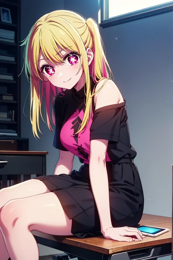 rubyhoshino, Hoshino Ruby, Long Hair, bangs, Blonde, (Pink Eyes:1.3), (Symbol-shaped pupil:1.5), Multicolored Hair, Two-tone hair, happy smile, smile, Close your mouth,
break, Cold Shoulder Shirt,Short sleeve,Long skirt,Black pantyhose,Stiletto heels,There is a computer on the table,sitting cross-legged on a chair,Are standing,interior,whole bodyがイラストに入るように,Daytime,Clear skies,
break indoors, office,
break looking at viewer, whole body,
break (masterpiece:1.2), Highest quality, High resolution, unity 8k wallpaper, (figure:0.8), (Beautiful attention to detail:1.6), Highly detailed face, Perfect lighting, Highly detailed CG, (Perfect hands, Perfect Anatomy),