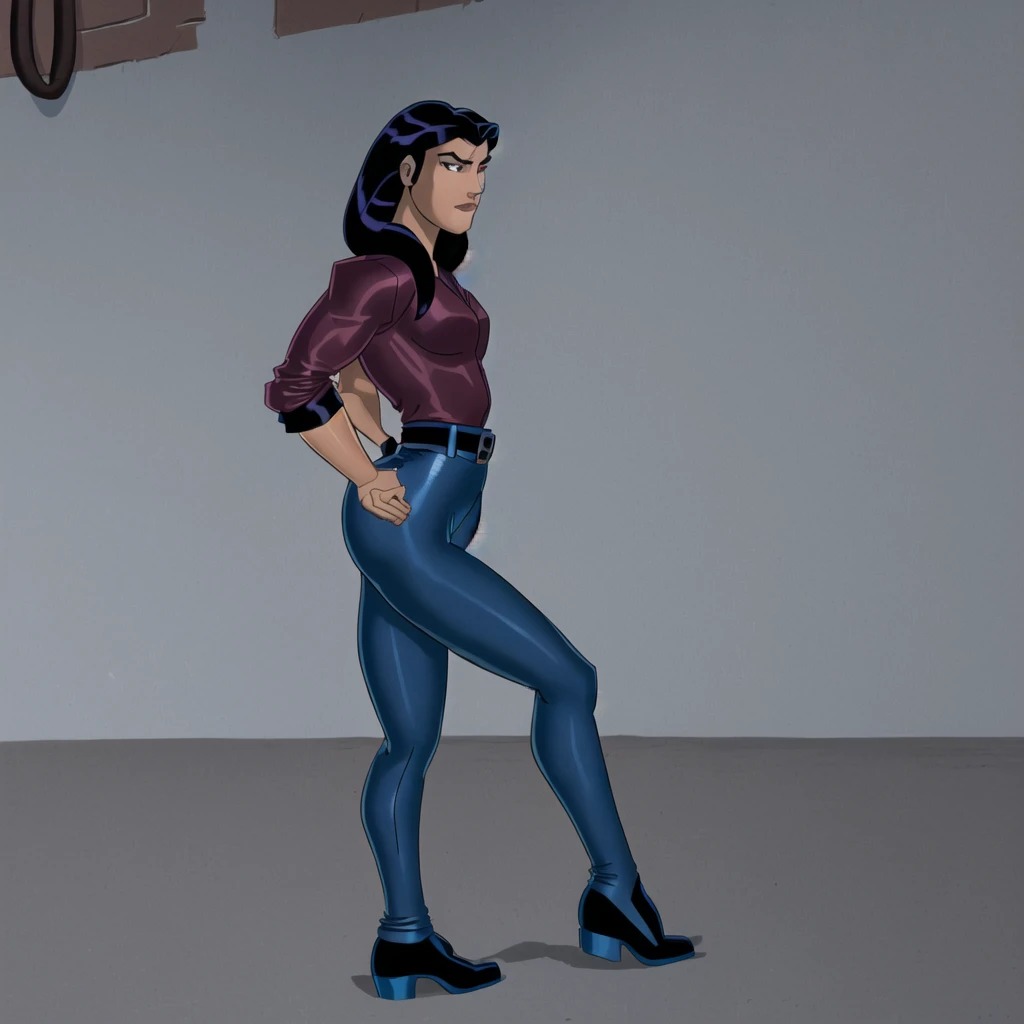 Solo, 1girl, Elisa Maza, dusk, masterpiece, highres, top quality, illustration, (dark, gothic, realism, done in the Gargoyles Animated Series style:1.3)
(masterpiece), (best quality), adult(realistic:1.1) face, detailed face, stylized hair
1girl, (medium brown skinned, 24 years old adult woman:1.3), almond shaped brown eyes, dark blue jeans, breasts, (plain black teeshirt:1.2), (NYPD Detective badge on belt badgeholder :1.1), medium breasts, (long dark black hair with blue highlight, stylized, (left side hair parting:1.2):1.3), long sleeves,(open, red leather bomber jacket:1.3), , athletic, (buckle:0.8), wind lift,, eye contact, dark grey hiking shoes