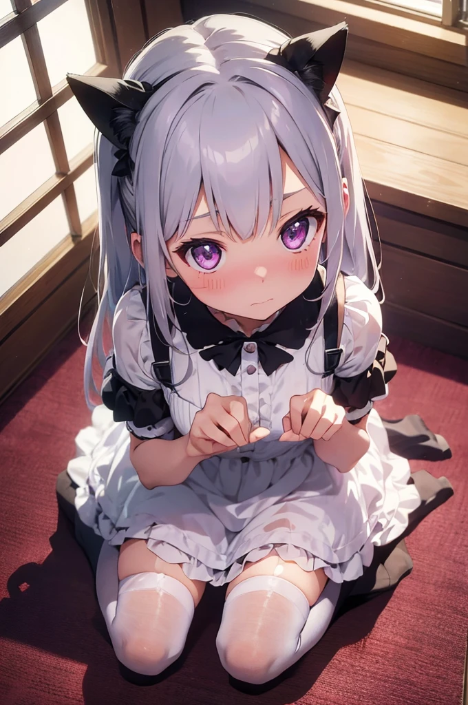 16k, highres, masterpiece, best quality,
cinematic photo,
a cute girl, sitting on back , (wariza, paw pose:1.2), red carpet, sunlight from window, pink lace curtains, indoors,
straight-on, (full body, looking up, looking at viewer, from above:1.2), (perspective:1.4),
BREAK
Kazami kazuki, silver hair, long hair, purple eyes, (nose blush, humiliation:1.1), embarrassed, chagrined, luxury gothic girly dress, glossy white dress, detailed cute dress, miniskirt, detailed embroidery, (frills:1.2), (bow:1.1), thighhighs, zettai ryouiki, fake animal ears, cat ears, cat tail,
,
35mm photograph, film, bokeh, professional, 4k, highly detailed,