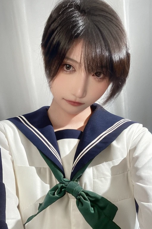 30-year-old woman, Gal Makeup、Bust is 102cm, Brown Hair, The eyes are large、Small mouth、Realistic Face、Masturbating, On a dirty gymnastics mat, Sleeping on your back, Wearing a torn sailor suit, The skirt is flipped up、Showing off a realistic shaved pussy、Full body image、Breasts exposed、High resolution