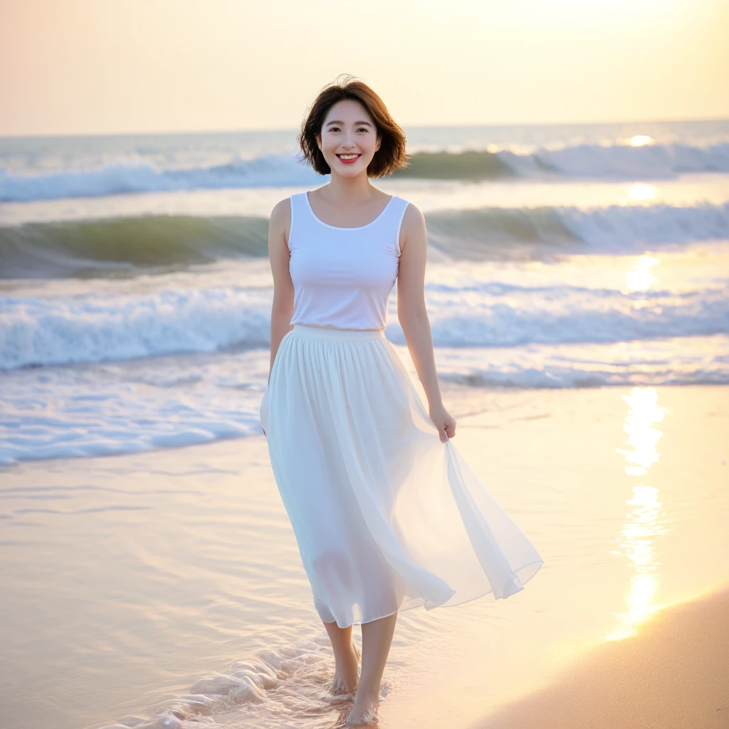 sunset soft light on the beach，A soft lingering scent is reflected in the sea., Beautiful 36-year-old short Korean woman, Chest size 34 inches, Wear white short sleeves and sleeveless tops, lightweight mid length skirt. beautiful pretty woman look , wearing a light skirt , Go far into the sea water and dip your toes., Short medium hair blowing in the wind, 1 woman, beautiful eyes, Smiling, Full-body photo taken from afar with a wide-angle lens, The background is clean and perfect., the waves are coming, short woman