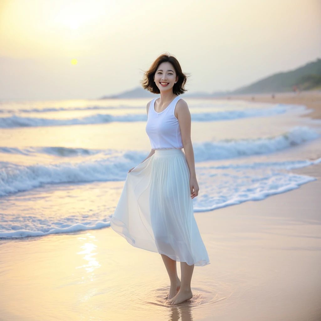 sunset soft light on the beach,A soft lingering scent is reflected in the sea., Beautiful 36-year-old short Korean woman, Chest size 34 inches, Wear white short sleeves and sleeveless tops, lightweight mid length skirt. beautiful pretty woman look , wearing a light skirt , Go far into the sea water and dip your toes., Short medium hair blowing in the wind, 1 woman, beautiful eyes, Smiling, Full-body photo taken from afar with a wide-angle lens, The background is clean and perfect., the waves are coming, short woman