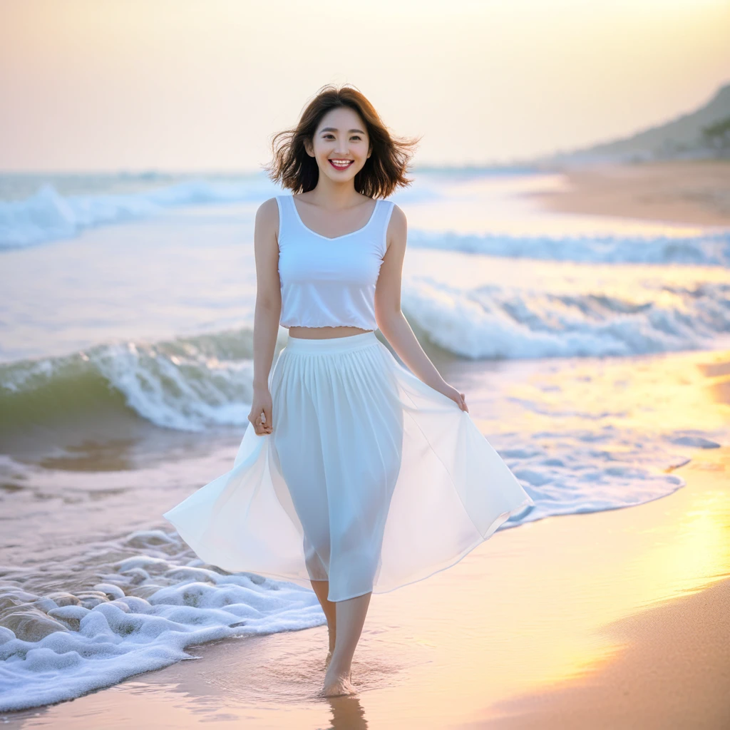 sunset soft light on the beach,A soft lingering scent is reflected in the sea., Beautiful 36-year-old short Korean woman, Chest size 34 inches, Wear white short sleeves and sleeveless tops, lightweight mid length skirt. beautiful pretty woman look , wearing a light skirt , Go far into the sea water and dip your toes., Short medium hair blowing in the wind, 1 woman, beautiful eyes, Smiling, Full-body photo taken from afar with a wide-angle lens, The background is clean and perfect., the waves are coming, short woman