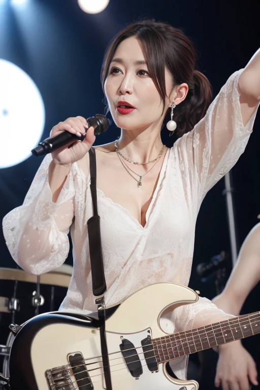 4 beautiful mature Japanese women aged 55, rock band, 4-piece band, long eyelashes, Low Ponytail, Red lipstick, Pearl Necklace, Earrings, Dark eyeshadow, Cleavage, Flashy clothing, Guitar, bass, drums and vocals,