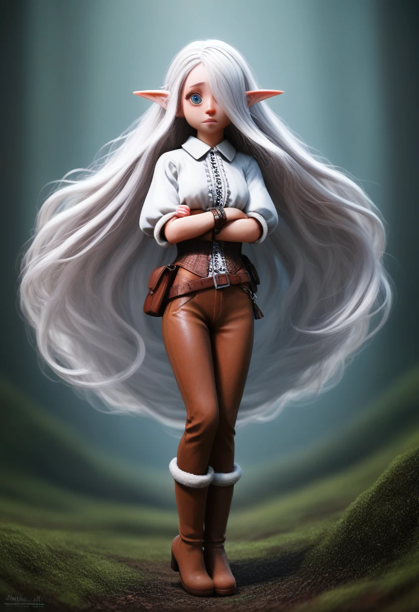 a small gnome girl with pale skin, very long wavy silver hair covering one eye, bright blue anime-style eyes with long lashes, wearing a corset, white puffy long sleeved shirt, and puffy cloth pants, leather bound boots, set in a windy fantasy landscape, (best quality, 4k, 8k, highres, masterpiece :1.2),ultra-detailed,dungeons and dragons, long elf ears, detailed skin and cloth textures, cute detailed face, intricate details, extremely detailed, 1girl, dynamic pose with hair covering one eye, shy personality, puffy cloth pants with leather belt, detailed privateer outfit, detailed buccaneer outfit, pouch on belt, wearing ornate leather armor with fur trim, silver inlay detail, wearing fur trimmed boots, wearing fur trimmed gloves, short, short height, halfing girl, small girl, very long detailed flowing hair, big head, big round eyes, windy, wind blown hair,bwirey muscles, fighter, dynamic angle, kineticist, pathfinder, pathfinder kineticist, wind kineticist, pouty lips