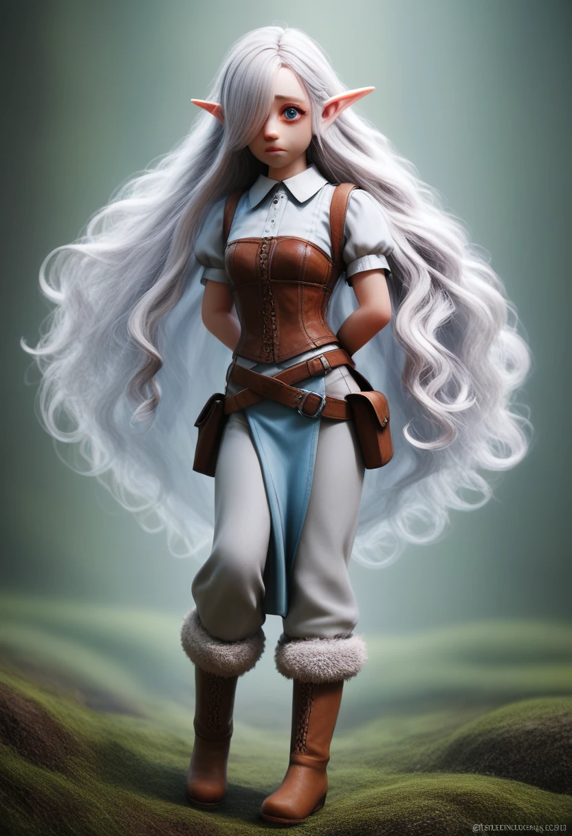 a small gnome girl with pale skin, very long wavy silver hair covering one eye, bright blue anime-style eyes with long lashes, wearing a corset, white puffy long sleeved shirt, and puffy cloth pants, leather bound boots, set in a windy fantasy landscape, (best quality, 4k, 8k, highres, masterpiece :1.2),ultra-detailed,dungeons and dragons, long elf ears, detailed skin and cloth textures, cute detailed face, intricate details, extremely detailed, 1girl, dynamic pose with hair covering one eye, shy personality, puffy cloth pants with leather belt, detailed privateer outfit, detailed buccaneer outfit, pouch on belt, wearing ornate leather armor with fur trim, silver inlay detail, wearing fur trimmed boots, wearing fur trimmed gloves, short, short height, halfing girl, small girl, very long detailed flowing hair, big head, big round eyes, windy, wind blown hair,bwirey muscles, fighter, dynamic angle, kineticist, pathfinder, pathfinder kineticist, wind kineticist, pouty lips