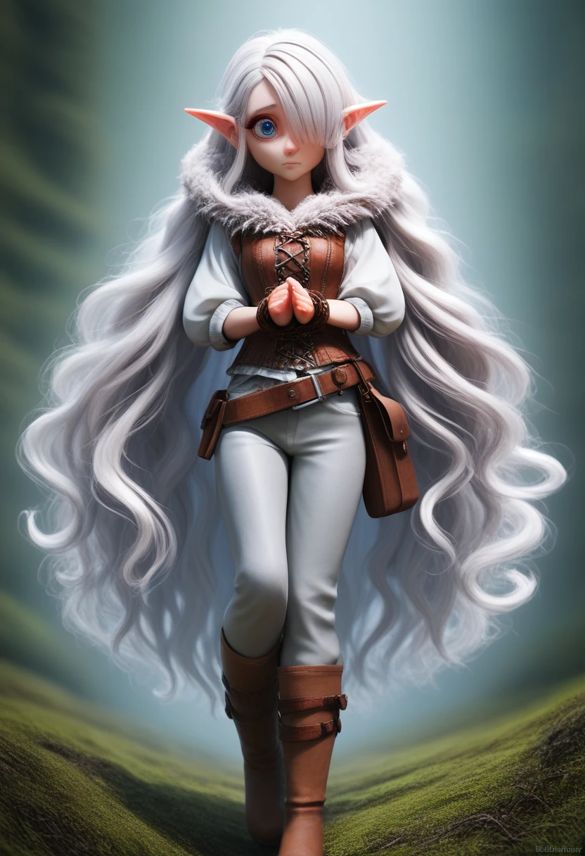 a small gnome girl with pale skin, very long wavy silver hair covering one eye, bright blue anime-style eyes with long lashes, wearing a corset, white puffy long sleeved shirt, and puffy cloth pants, leather bound boots, set in a windy fantasy landscape, (best quality, 4k, 8k, highres, masterpiece :1.2),ultra-detailed,dungeons and dragons, long elf ears, detailed skin and cloth textures, cute detailed face, intricate details, extremely detailed, 1girl, dynamic pose with hair covering one eye, shy personality, puffy cloth pants with leather belt, detailed privateer outfit, detailed buccaneer outfit, pouch on belt, wearing ornate leather armor with fur trim, silver inlay detail, wearing fur trimmed boots, wearing fur trimmed gloves, short, short height, halfing girl, small girl, very long detailed flowing hair, big head, big round eyes, windy, wind blown hair,bwirey muscles, fighter, dynamic angle, kineticist, pathfinder, pathfinder kineticist, wind kineticist, pouty lips
