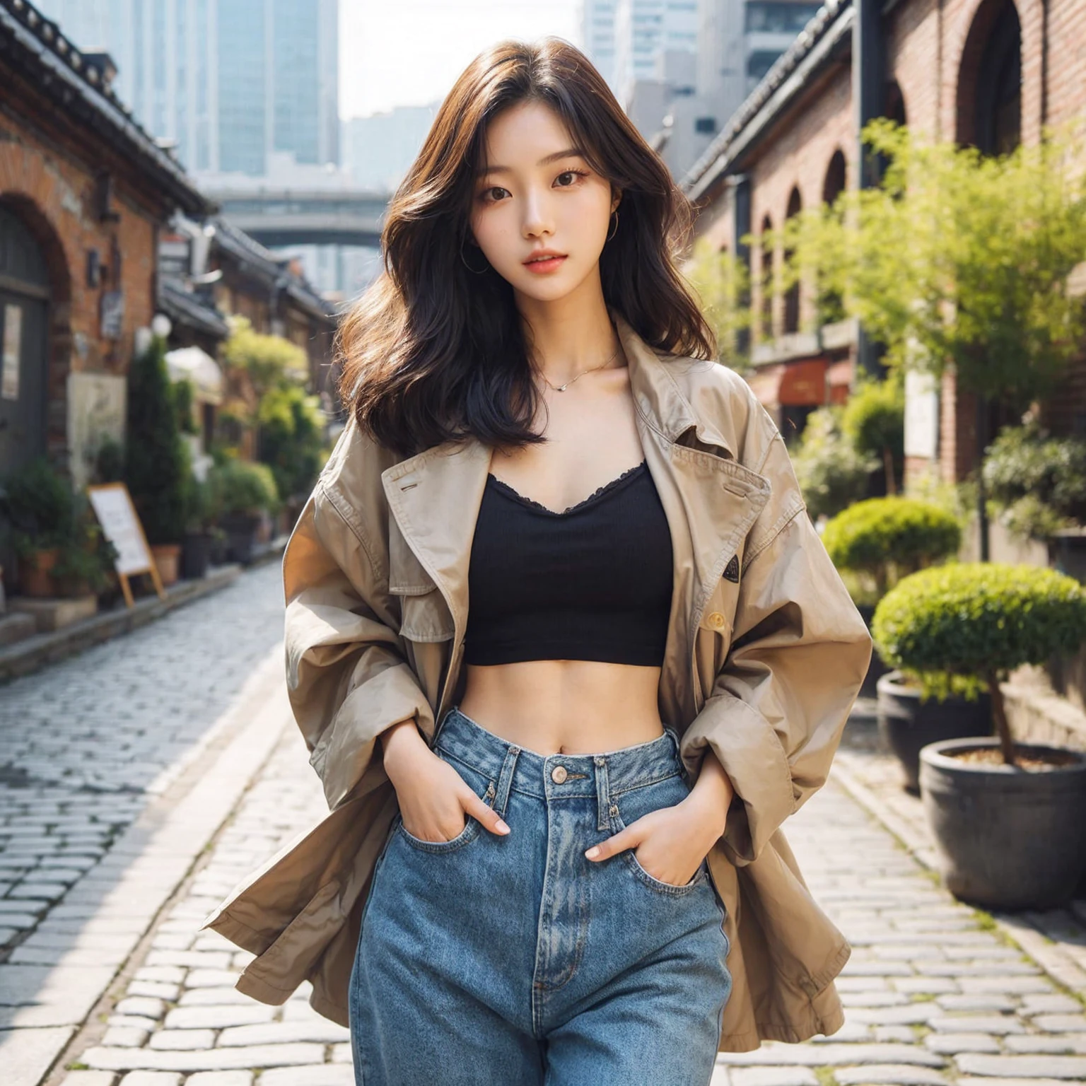 Beautiful young Korean female walking confidently down a cobblestone street in casual, stylish outfits with jackets, shirts, and jeans. The backdrop is a vintage urban setting with buildings and greenery, blending modern style with a cool urban vibe.