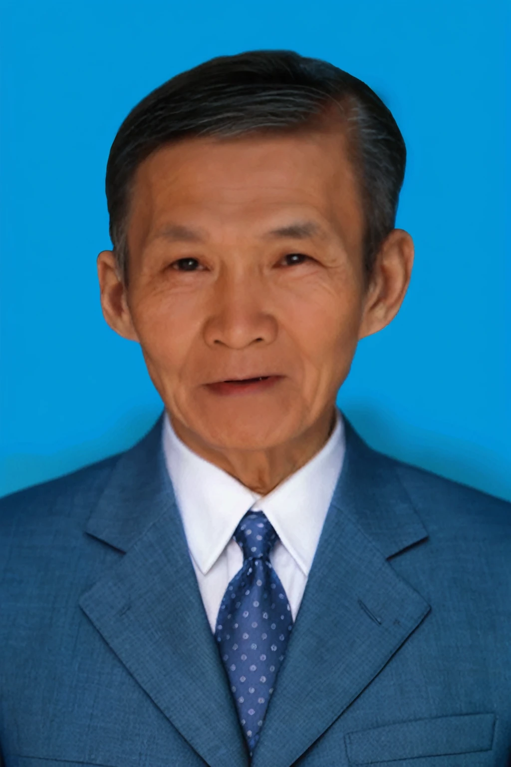 Highly realistic photo, Portrait of a 75 year old Vietnamese old man, blue suit, open mouth, flat white hair